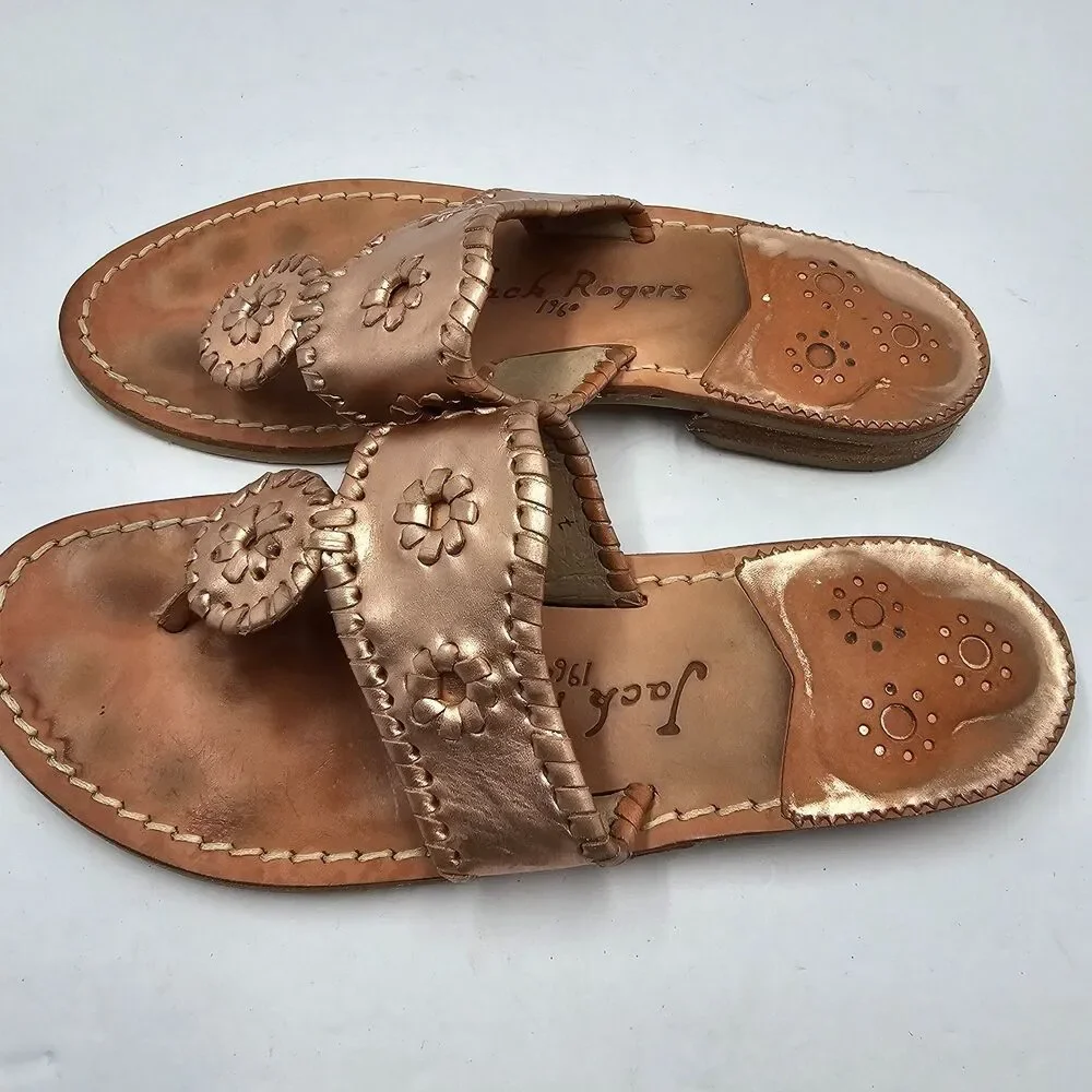 Jack Rogers Jacks Metallic Rose Gold Leather Round Medallion Sandals Womens 7